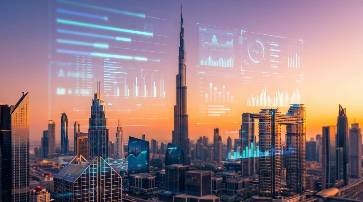 Futuristic digital interface overlaid on Dubai skyline representing AI recruitment
