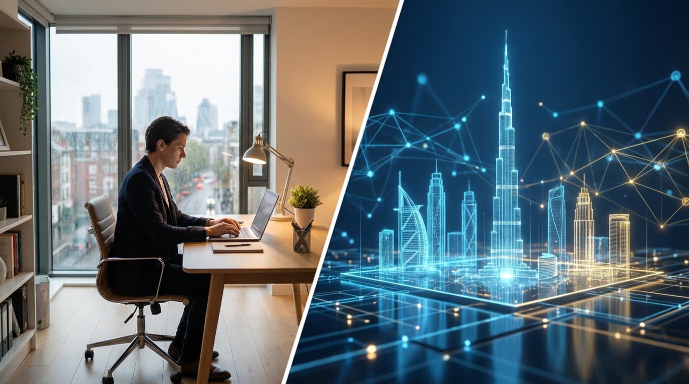 Professional working remotely on a laptop with a virtual background of Dubai