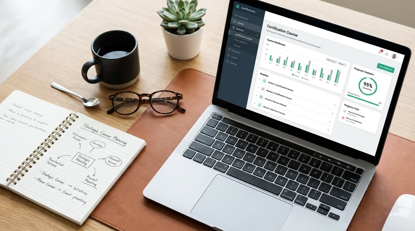 A young professional studying for certifications on a laptop