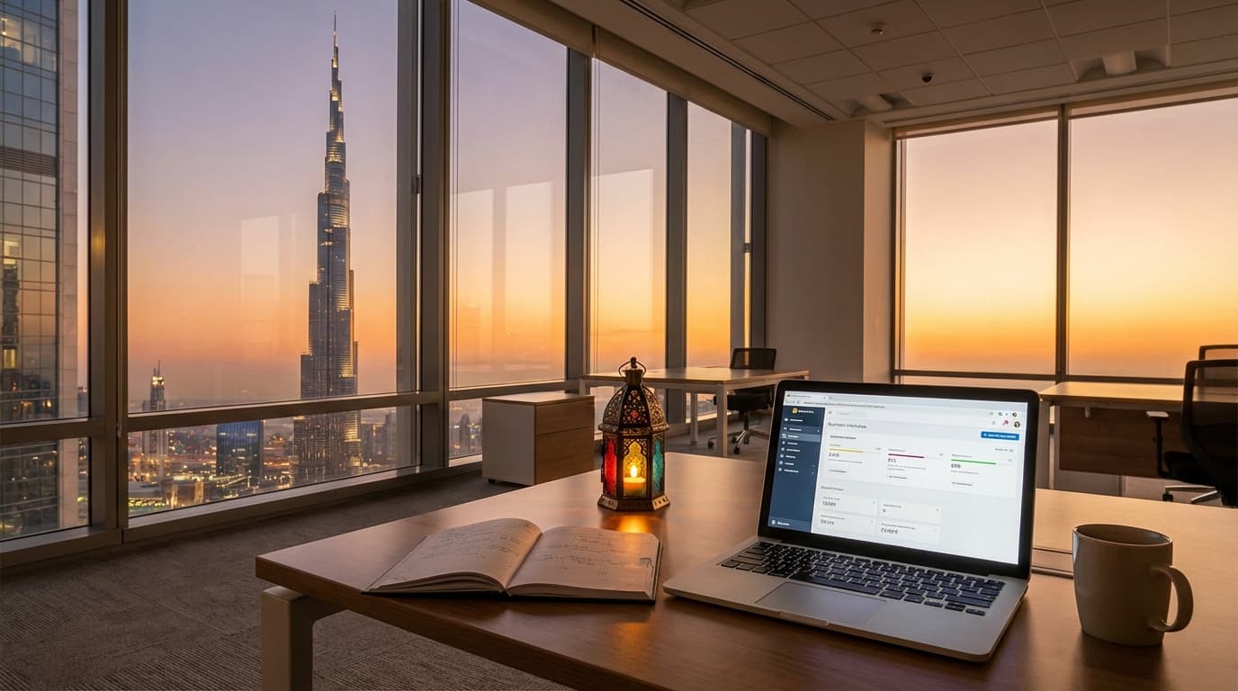 Modern Dubai office interior during Ramadan sunset