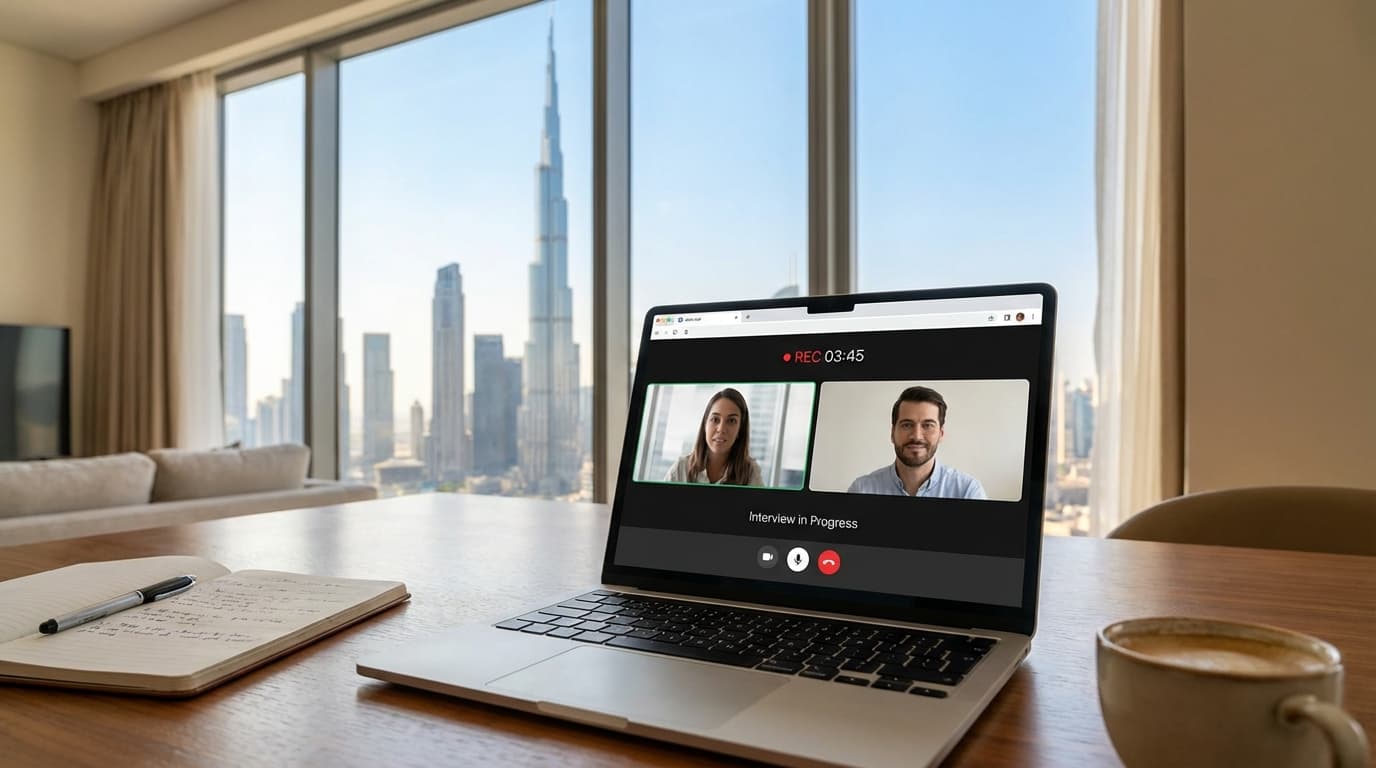 Digital interview interface on a laptop screen with Dubai skyline in background