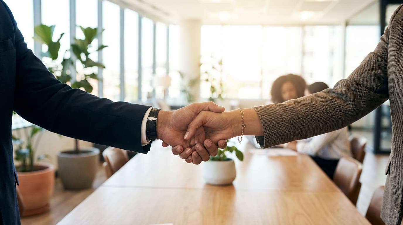 Two professionals shaking hands after a successful negotiation