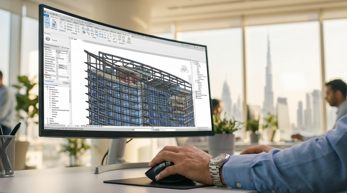 Engineer working on BIM software in a modern office