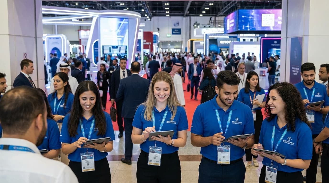 Students working at a busy event registration desk in Dubai World Trade Centre