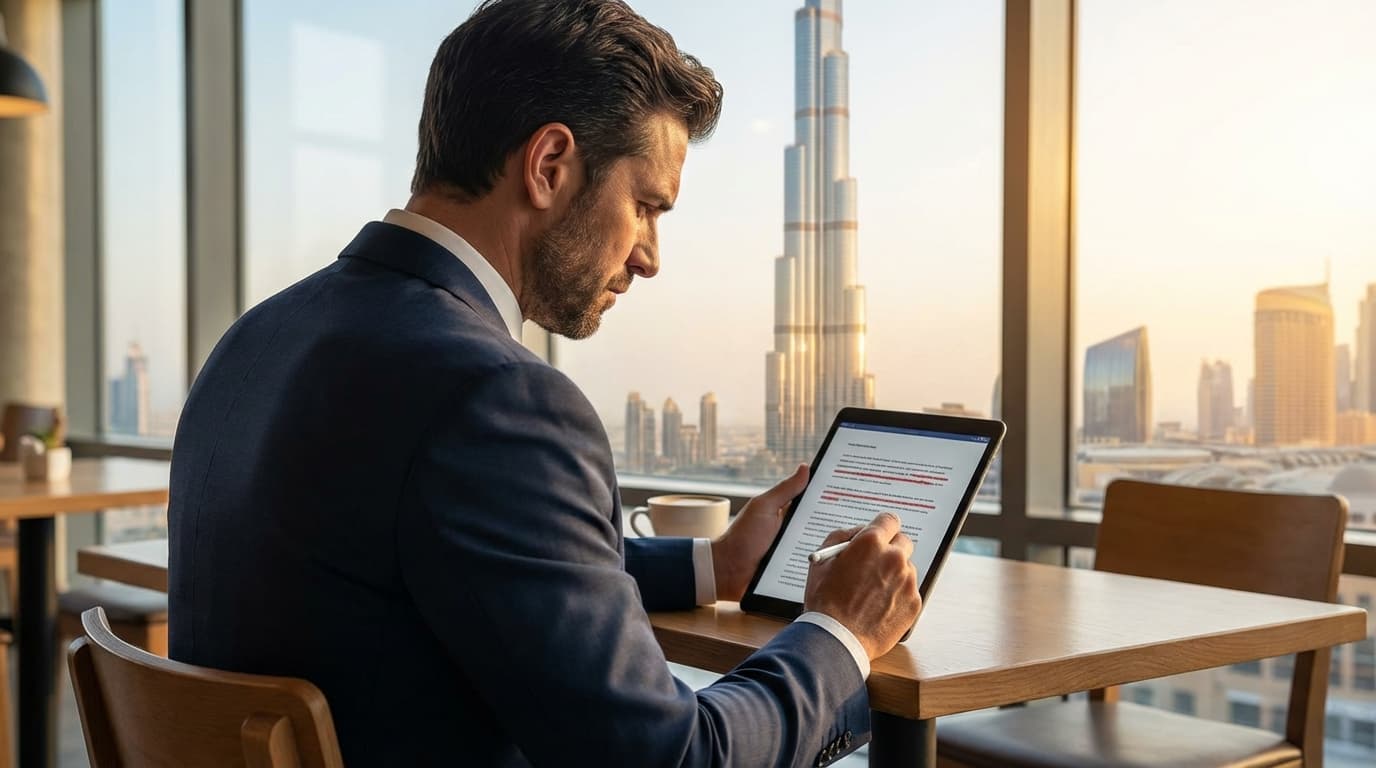 A professional analyzing text on a tablet with a skyline view
