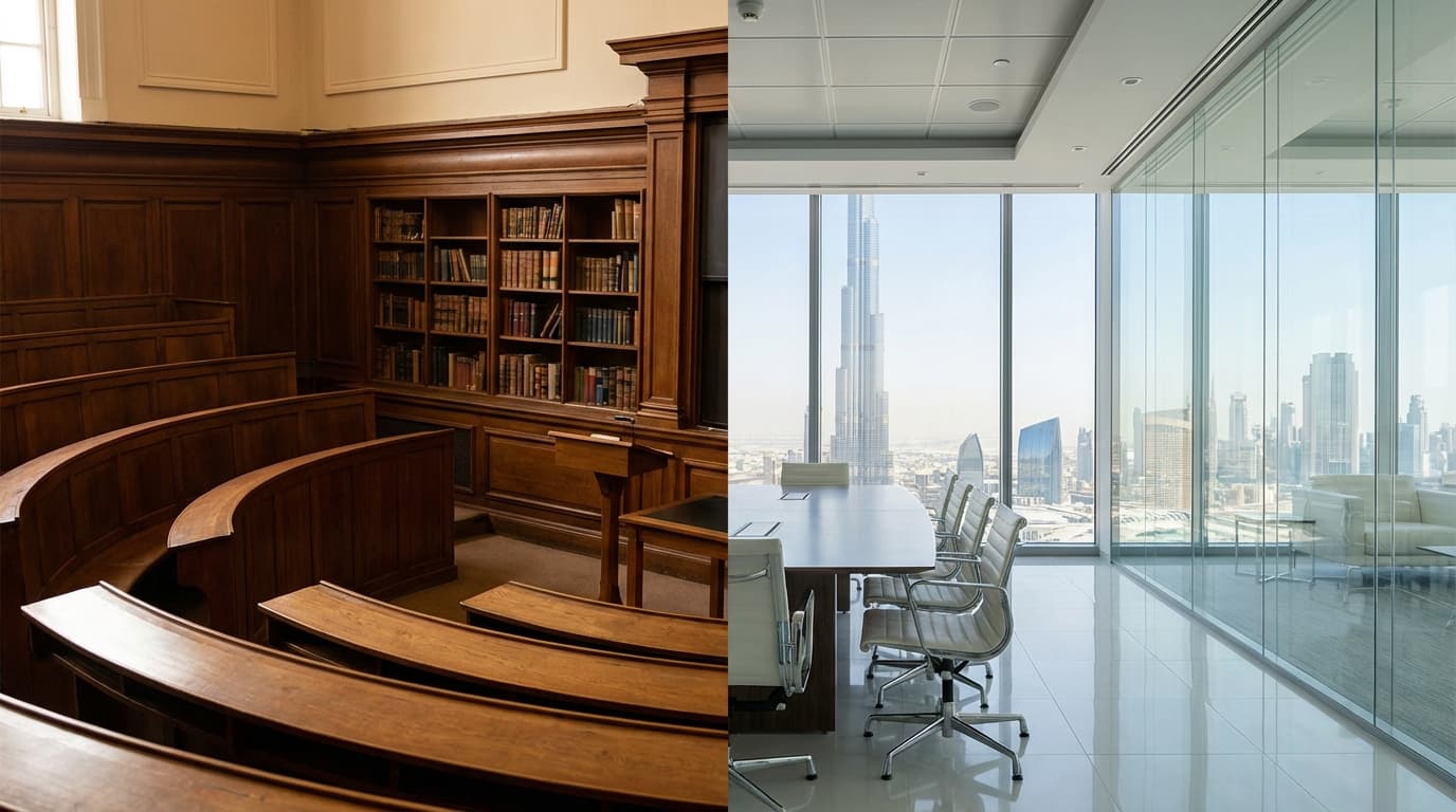 Modern university campus in Dubai juxtaposed with a corporate glass skyscraper