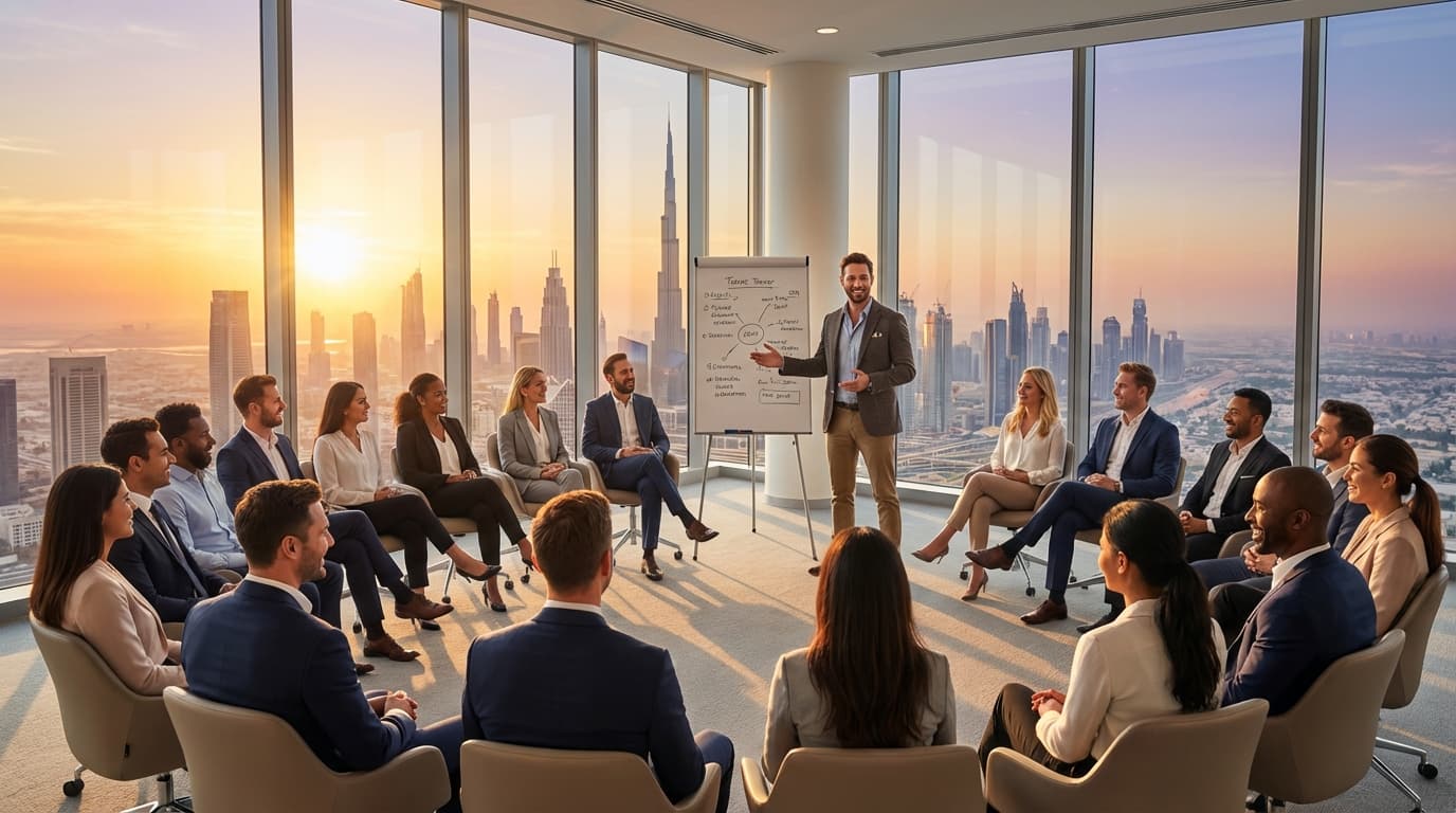 A diverse group of professionals in a training workshop in a Dubai high-rise