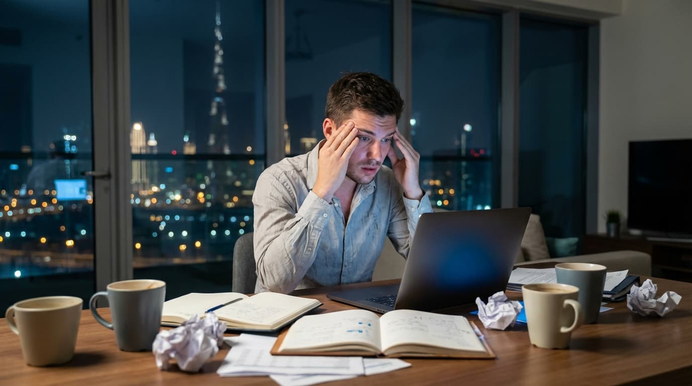 Stressed professional working late in a Dubai apartment