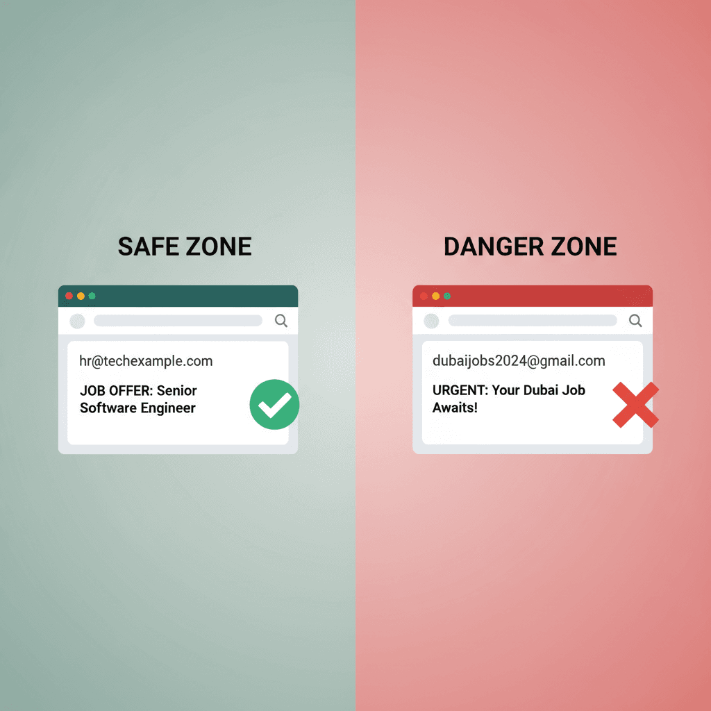 Side-by-side comparison of a legitimate job email versus a scam email.