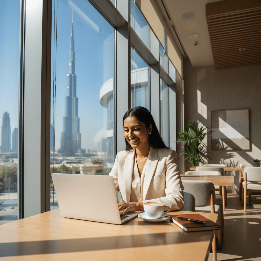 A professional woman working on a laptop in a Dubai cafe, looking relieved and happy.