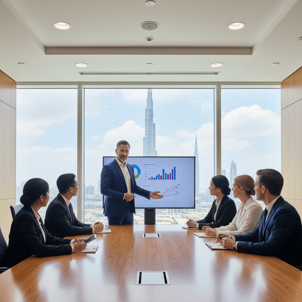 Senior professional leading a team meeting