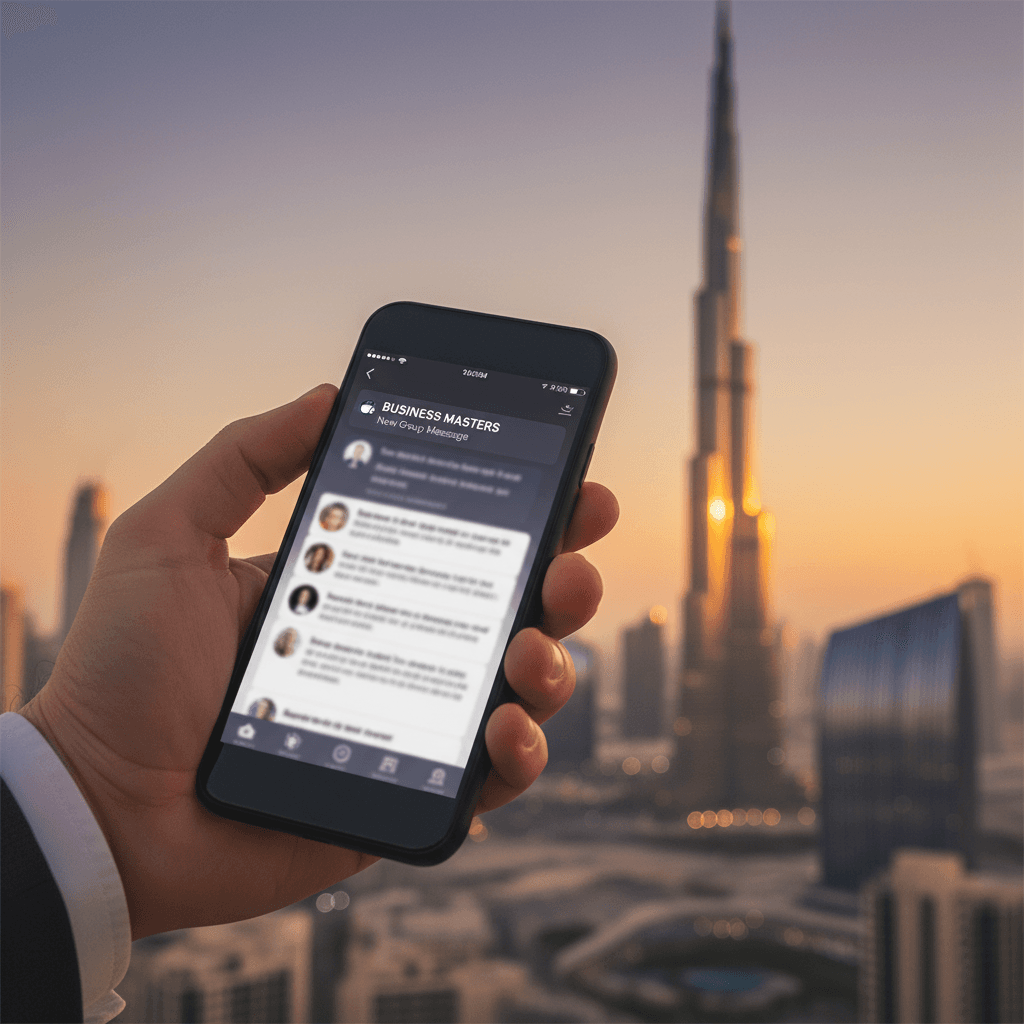 Professional checking WhatsApp messages on smartphone with Dubai skyline in background