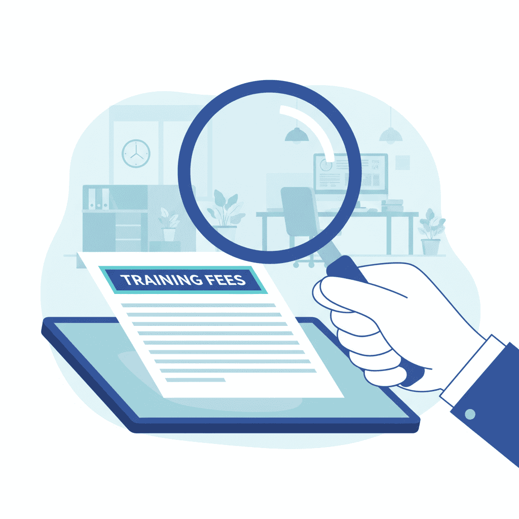 Illustration of a fake training fee invoice being rejected