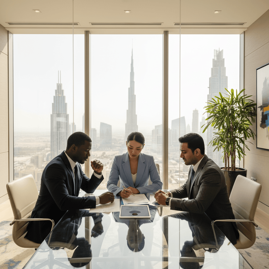 Business professionals in a modern Dubai office meeting room discussing a candidate