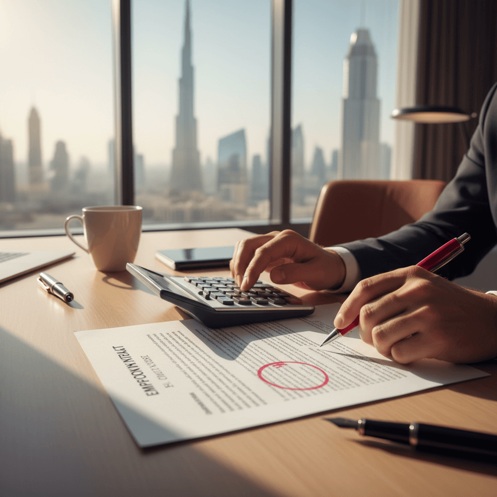 A professional analyzing a sales contract with a calculator