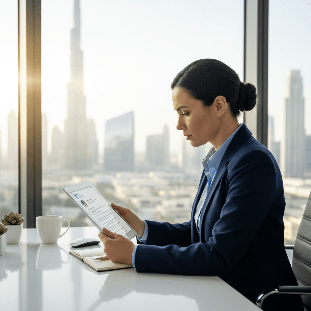 HR manager reviewing a digital resume on a tablet in a modern Dubai office