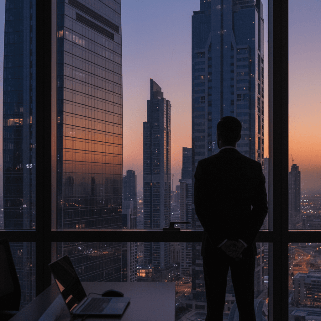 Modern Dubai skyline reflecting in a glass building during sunset