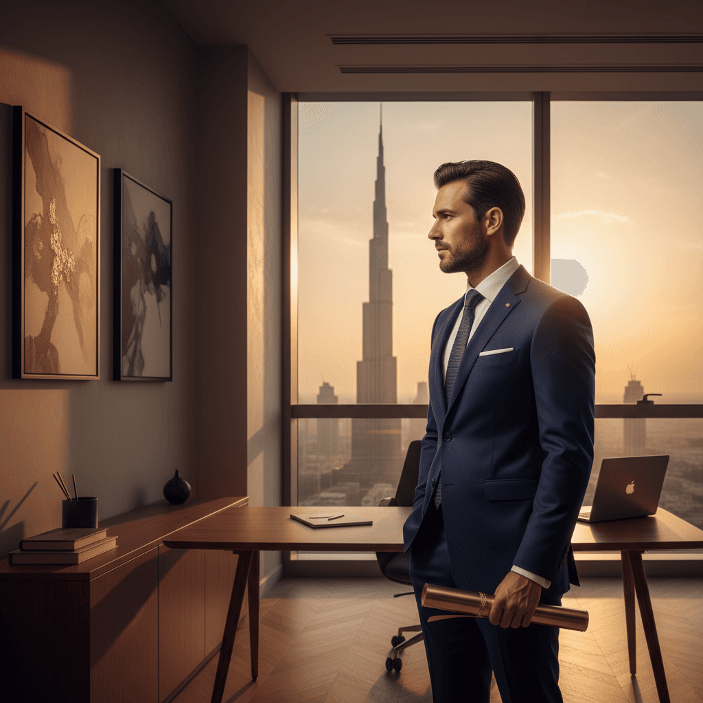 A professional looking at the Dubai skyline through a window, holding a passport.
