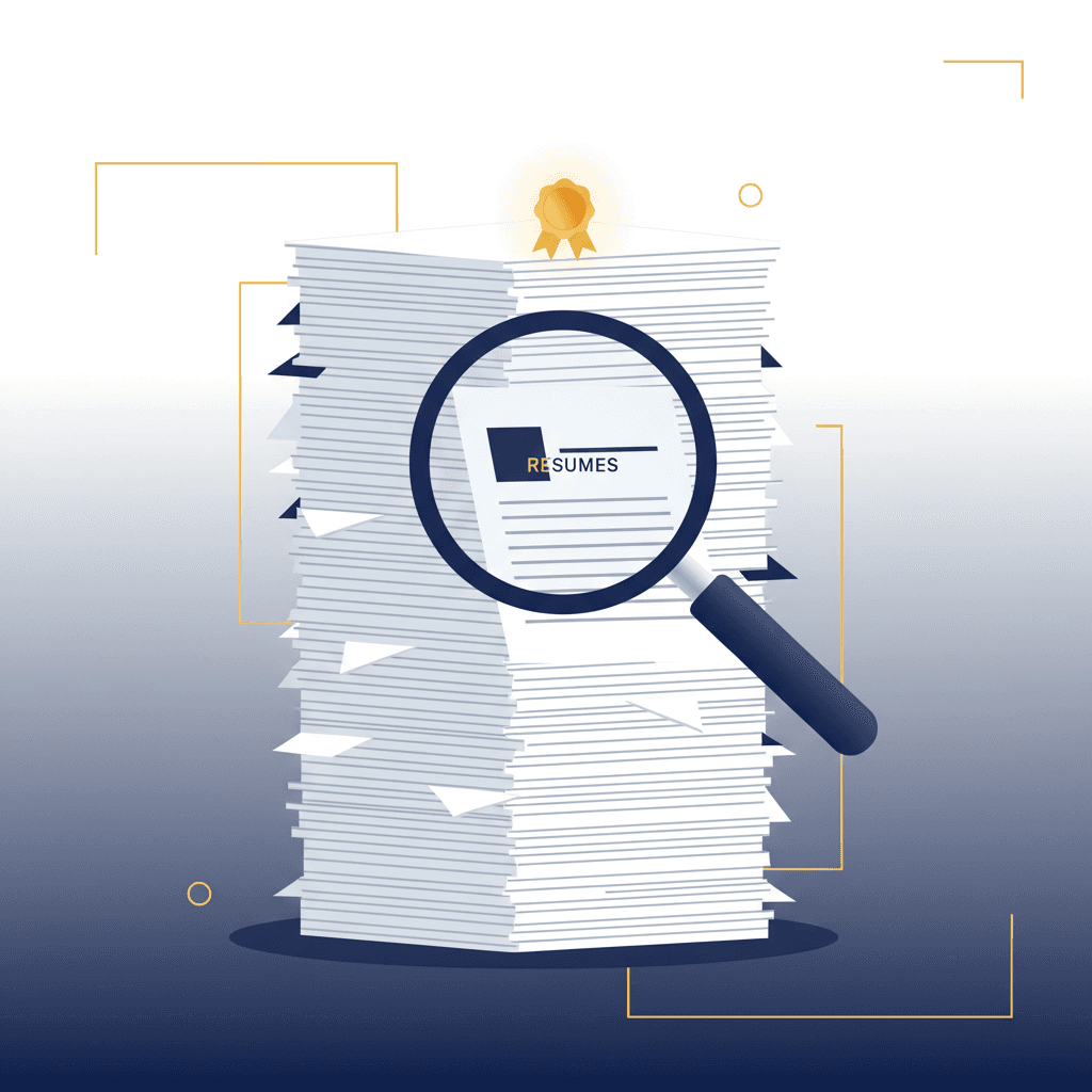 A digital illustration showing a mountain of resumes with a small gold icon on top.