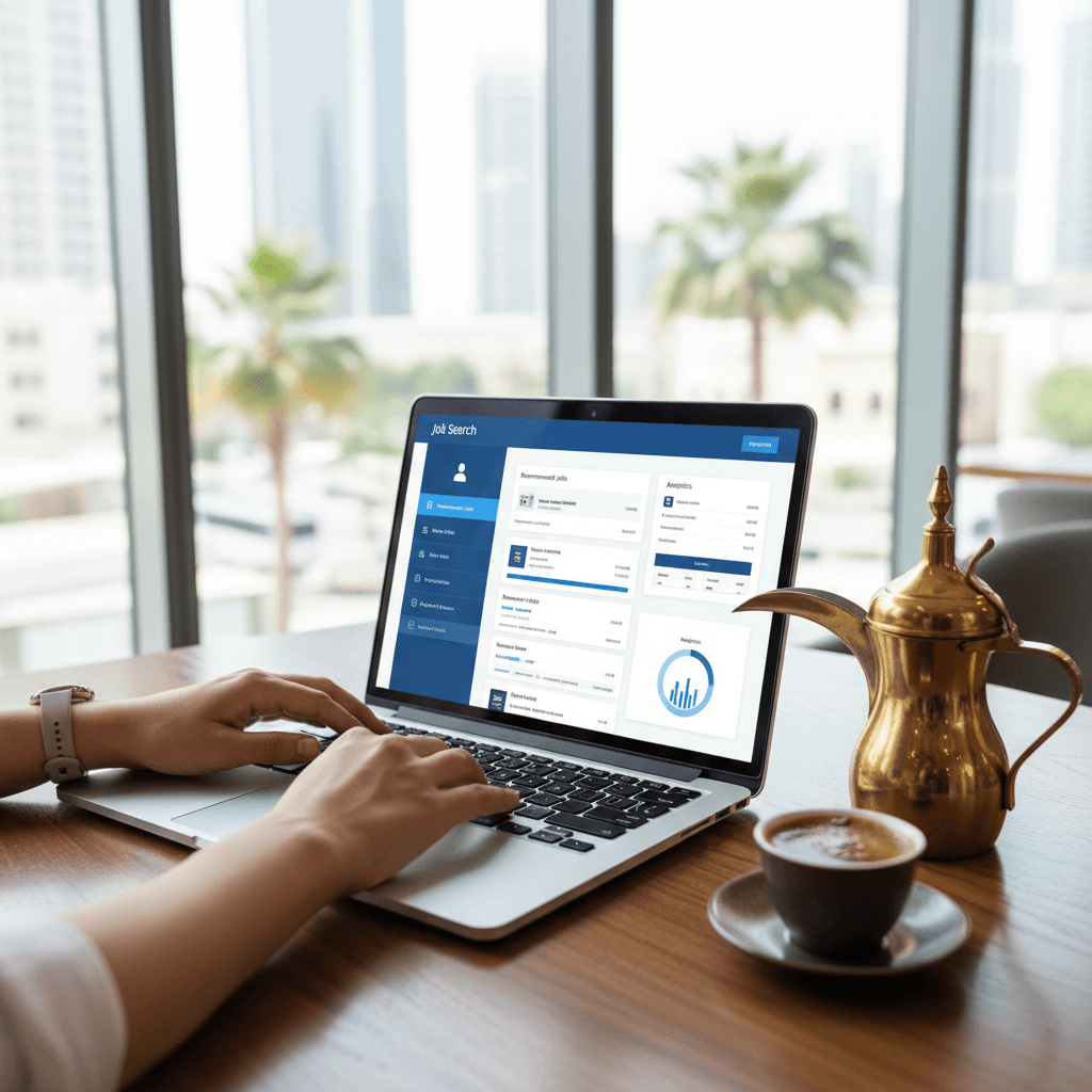 A person using a laptop with a dashboard showing job application progress.