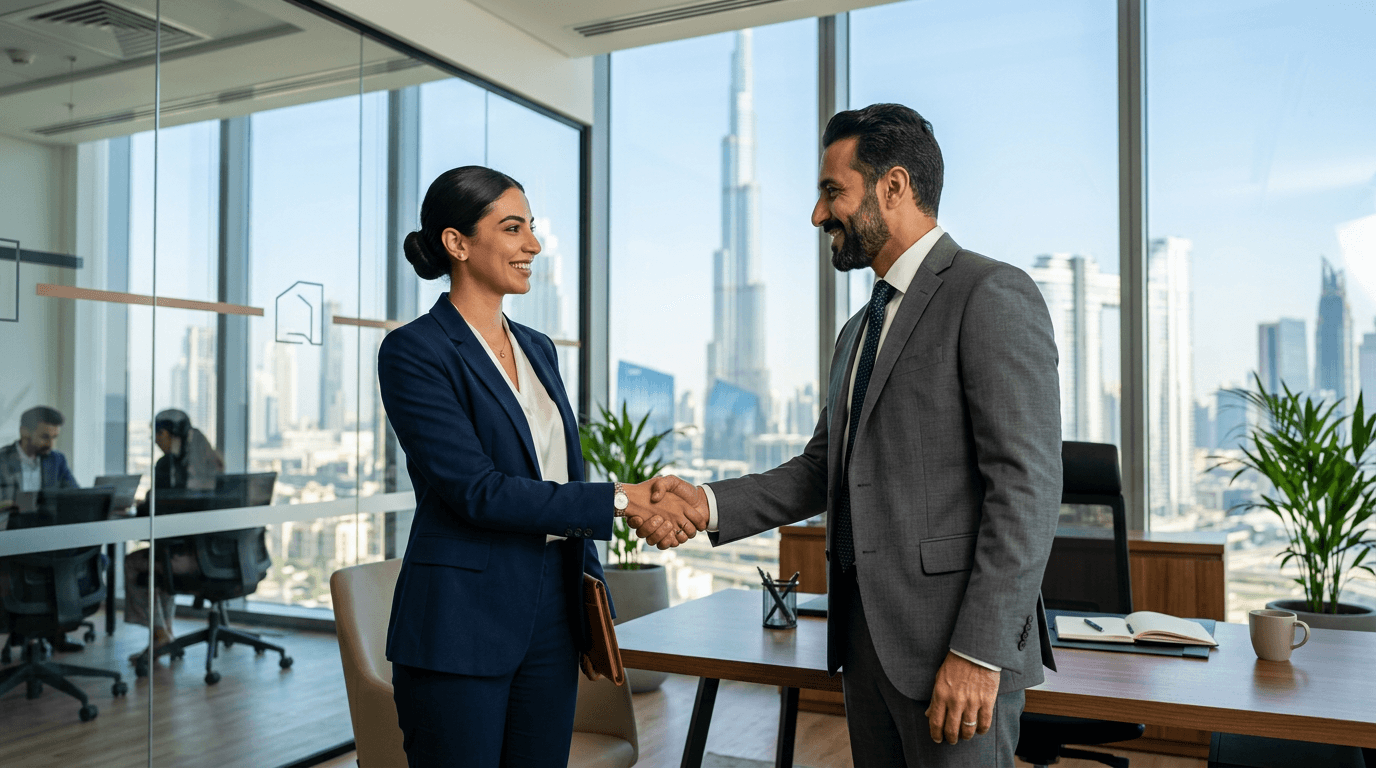 A successful candidate shaking hands after a job interview in a Dubai office