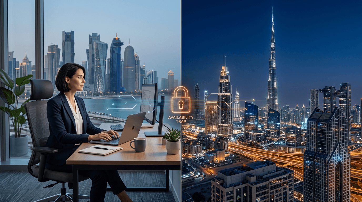Conceptual image showing a professional in Doha looking towards the Dubai skyline